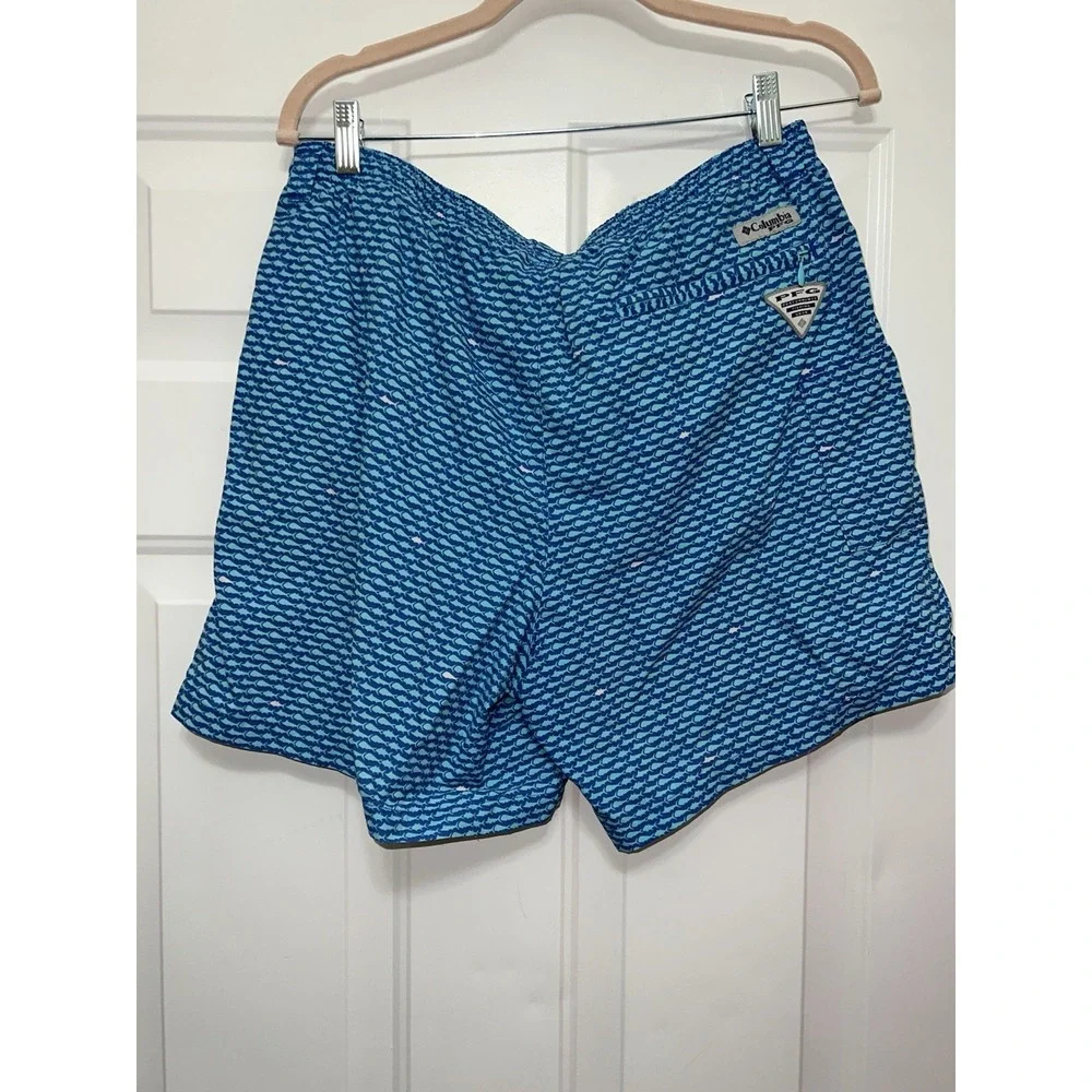 Columbia PFG Swim Trunks Men Medium Blue Drawstring Elastic Waist Lined Fish AOP